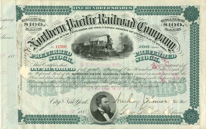 E.H. Harriman signed Northern Pacific Railroad Co. - Stock Certificate
